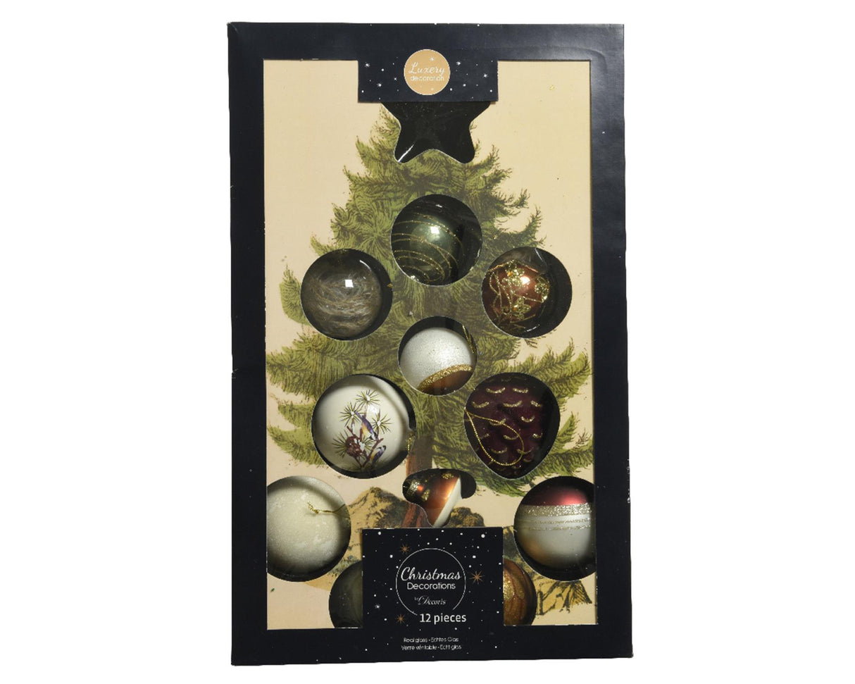 Decoris kerstballen mix glas 12 stuks natuur