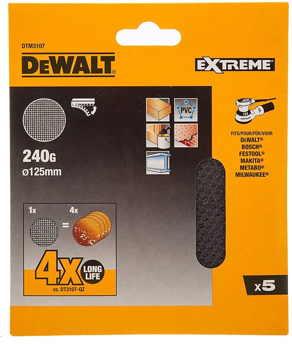 Dewalt dtm3107-qz serie - schuurgaas extreme - p240 grit - ronde 125mm - klittenbandbevestiging