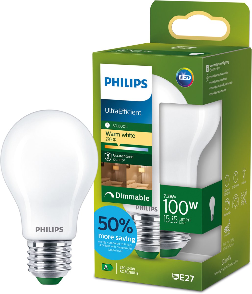 Philips led philips ultra efficient led spot - 50w - gu10 - warmwit licht - dimbaar