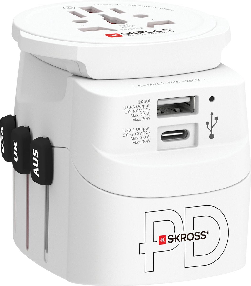 Skross - wereldreisadapter pro light met grondstekkers (geen zwitserse en italiaanse) + 1 usb + 1 type-c aansluiting