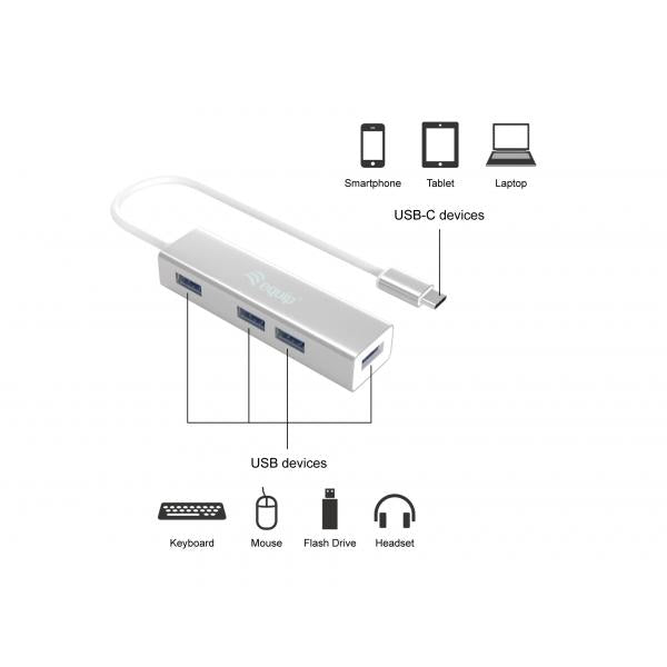 Equip 128958 usb-c to 4-port usb 3.0 hubs, usb 3.2 gen 1 type-c, type-a, 5000 mbit s, silver