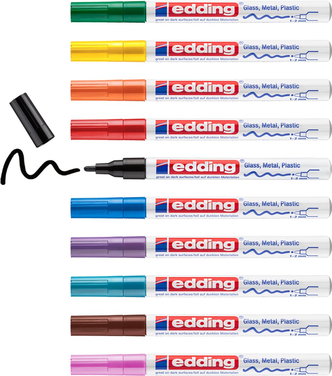 Edding 751 lakmarker - ronde punt 1-2 mm - doosje van 10 stuks met verschillende kleuren - verfstift voor markeren en labelen van metaal, glass, steen of plastic - permanent, veegvast en watervast