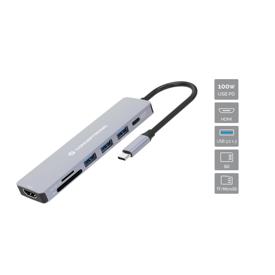 Conceptronic donn19g 7-in-1 usb 3.2 gen 1 docking station, hdmi, usb-a 3.0 x 3, sd, tf microsd, 100w
