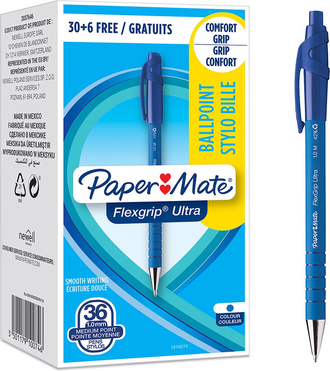 Paper mate flexgrip ultra balpennen | medium punt (1,0 mm) | blauwe inkt | 36 stuks
