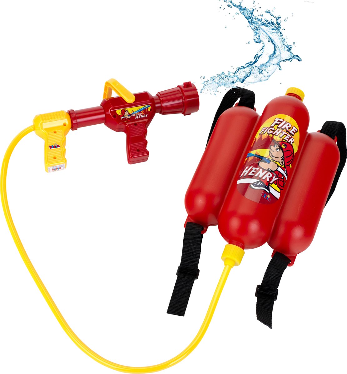 Klein toys speelgoed-brandweerspuit - 31x21x9 cm - incl. draagbare 2 liter watertank en enkele of dubbele waterstraal - rood geel