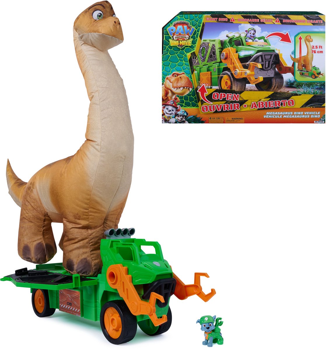 Paw patrol - de dino film - megasaurus dino -voertuig met een opblaasbare speelgoeddinosaurus van 76,2 cm en rocky-actiefiguur