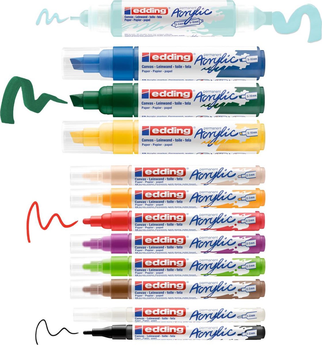 Edding acrylverf stiften starterset - 12 acryl markers - brede beitelpunt - inclusief kleurblok