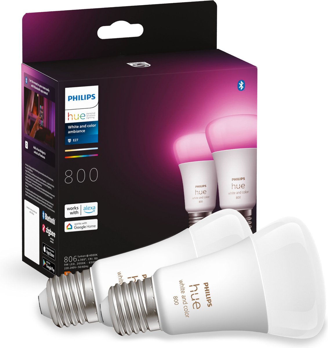 Philips hue slimme lichtbron e27 duopack - wit en gekleurd licht - 6.5w - bluetooth - 2 stuks