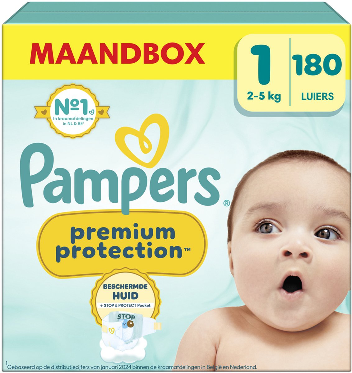 Pampers premium protection maat 1, 180 luiers, 2kg-5kg