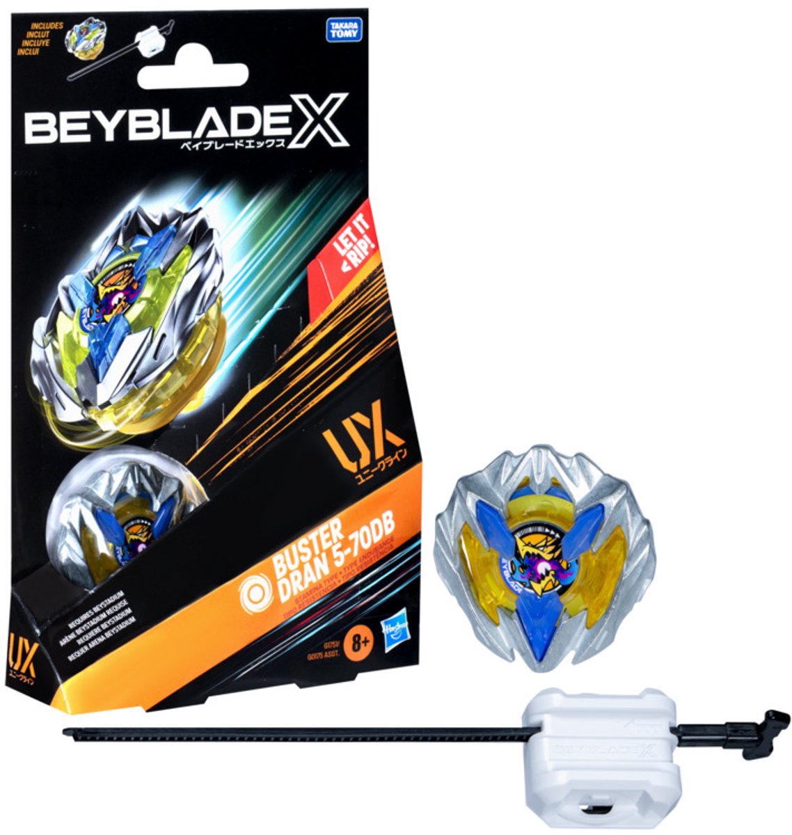 Beyblade x buster dran 5-70db ux starter pack set with stamina type top launcher, ages 8+