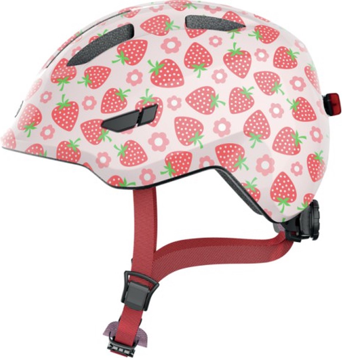 Abus kinderhelm smiley 3.0 led - fietshelm met licht - diepe pasvorm ruimte voor een vlecht - voor meisjes en jongens - roze met aardbeienpatroon, maat s