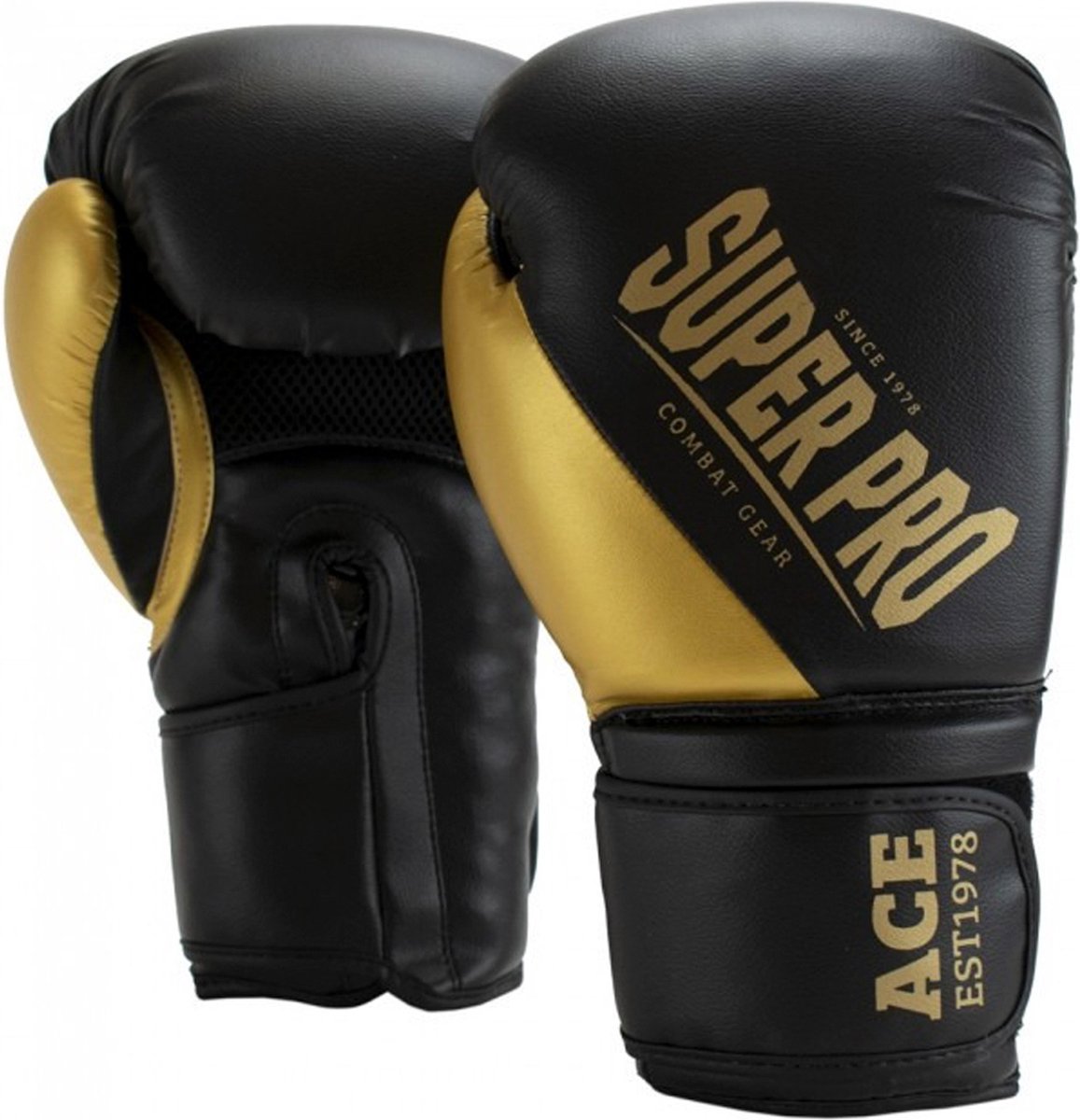 Super pro combat gear ace (kick)bokshandschoenen zwart goud 10oz