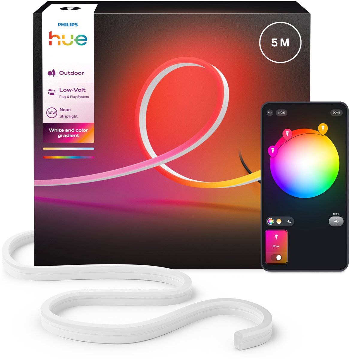 Philips hue neon led strip voor buiten 5 m, nauwkeurige kleurovergangen van chromasync™ helder, echt wit licht 1100 lumen