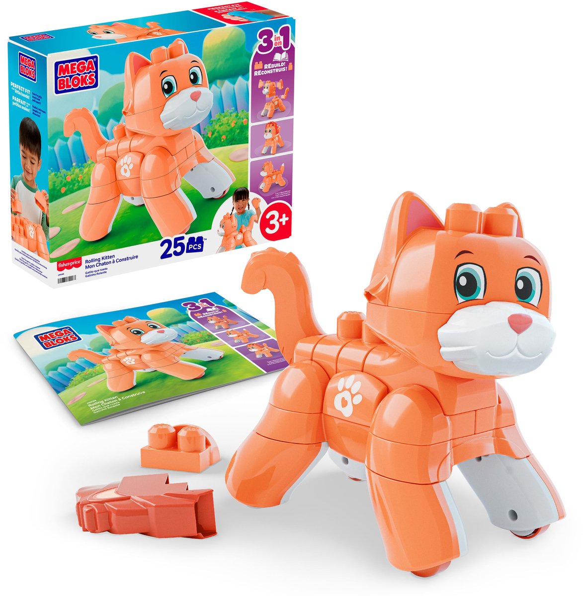Mega bloks fisher-price speelgoedblokken rollende kitten met draaiende wieltjes - 25 onderdelen voor kinderen