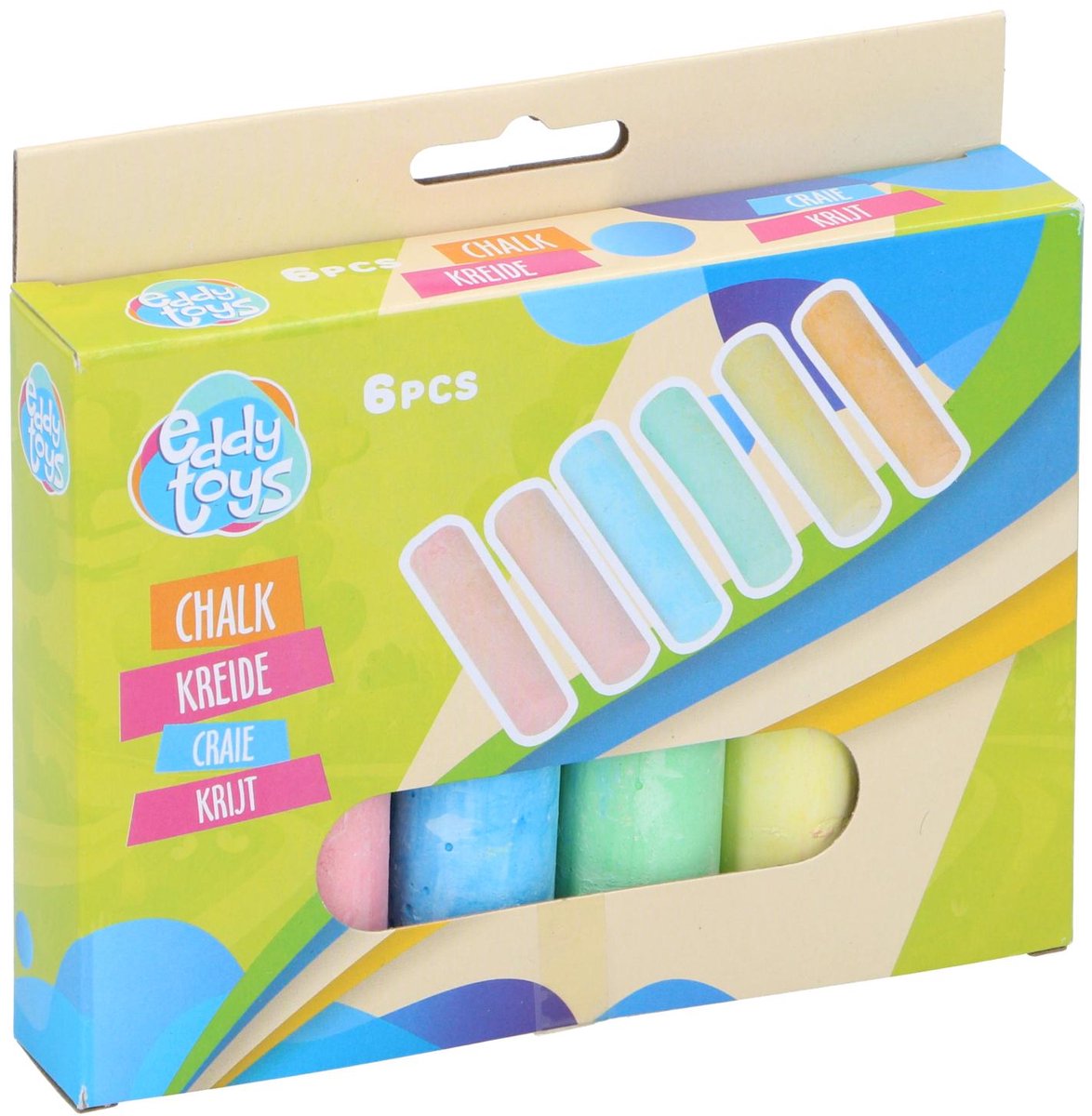 Eddy toys krijt - 30020 - 10,5x2,5x2,2 cm - stoepkrijt 6 stuks - gekleurd krijt voor buiten - pastel stoepkrijt voor kinderen 2+ - roze, blauw, groen, geel en oranje