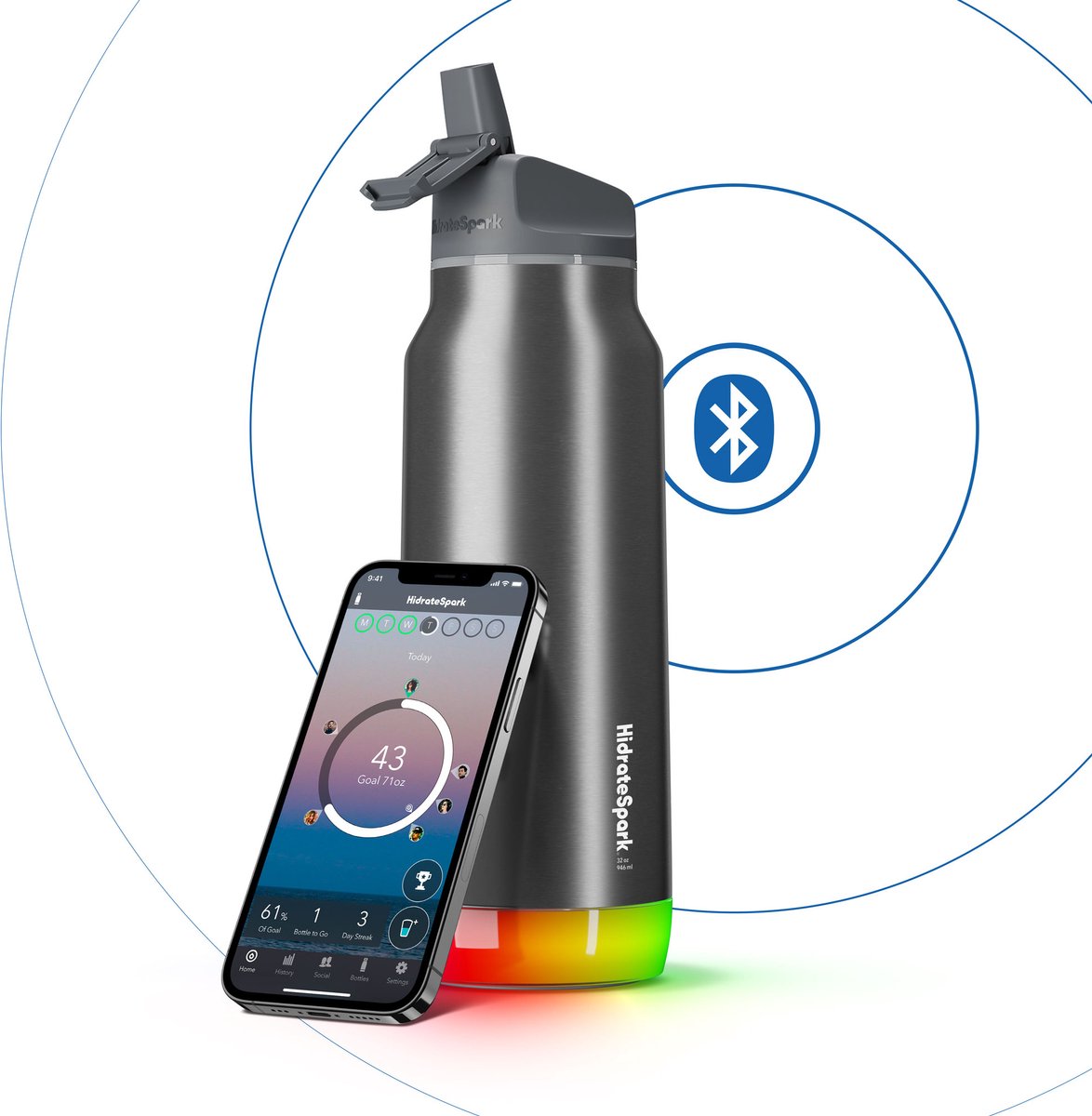 Hidrate spark straw slimme waterfles - roestvrij staal - 946ml - led verlichting - zilverkleurig
