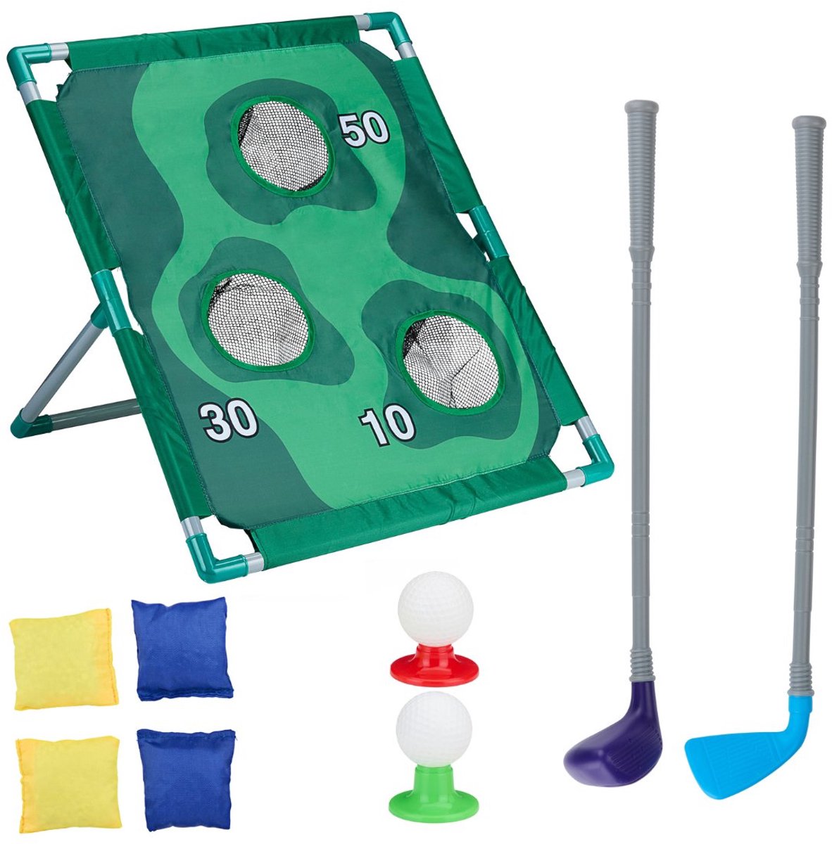 Eddy toys golf speelgoed 2-in-1 – minigolf en werpspel voor kinderen – golfset met clubs, ballen en bean bags – spellenset voor buiten spelen in tuin of vakantie