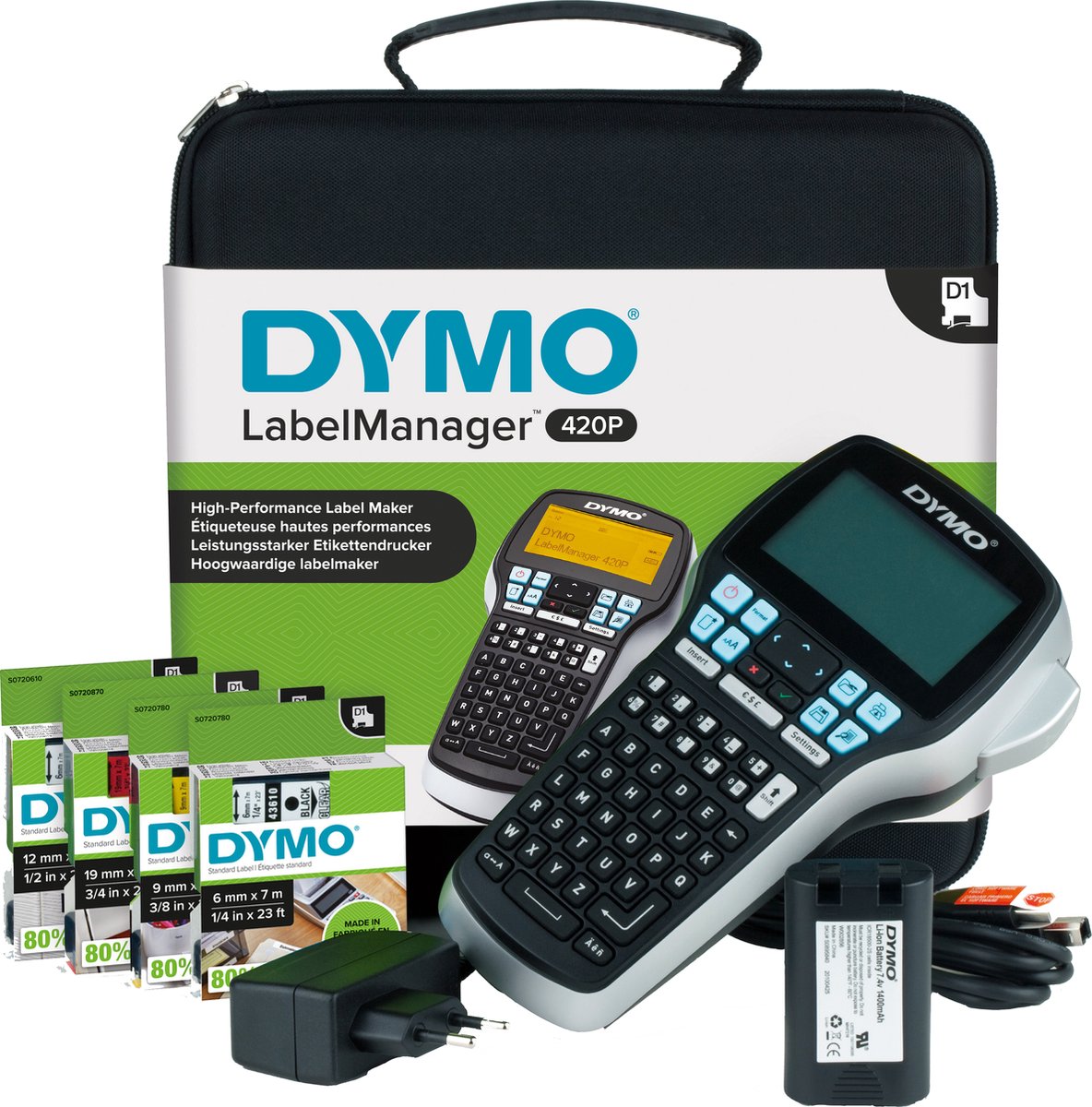 Dymo labelmanager 420p hoogpresterende oplaadbare draagbare labelmakerkit | abc-toetsenbord met 4 rollen d1-labels en draagkoffer