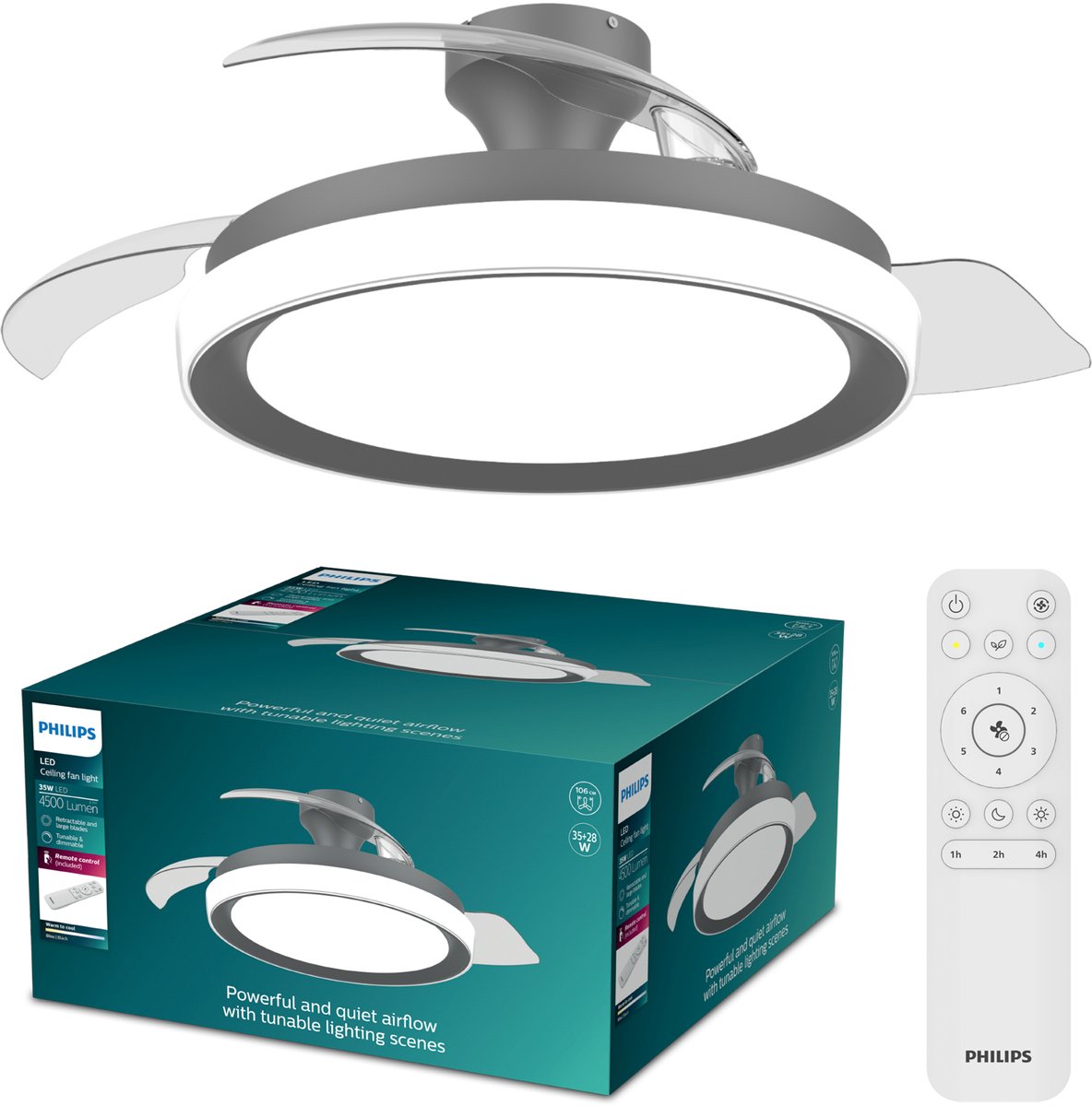Philips led philips bliss plafondventilator met ingebouwde led-lamp - 3 intrekbare bladen, diameter: 106cm - 4500 lumen - instelbaar wit licht van 2700k tot 6500k - dimbaar tot 5% - afstandsbediening - zwart
