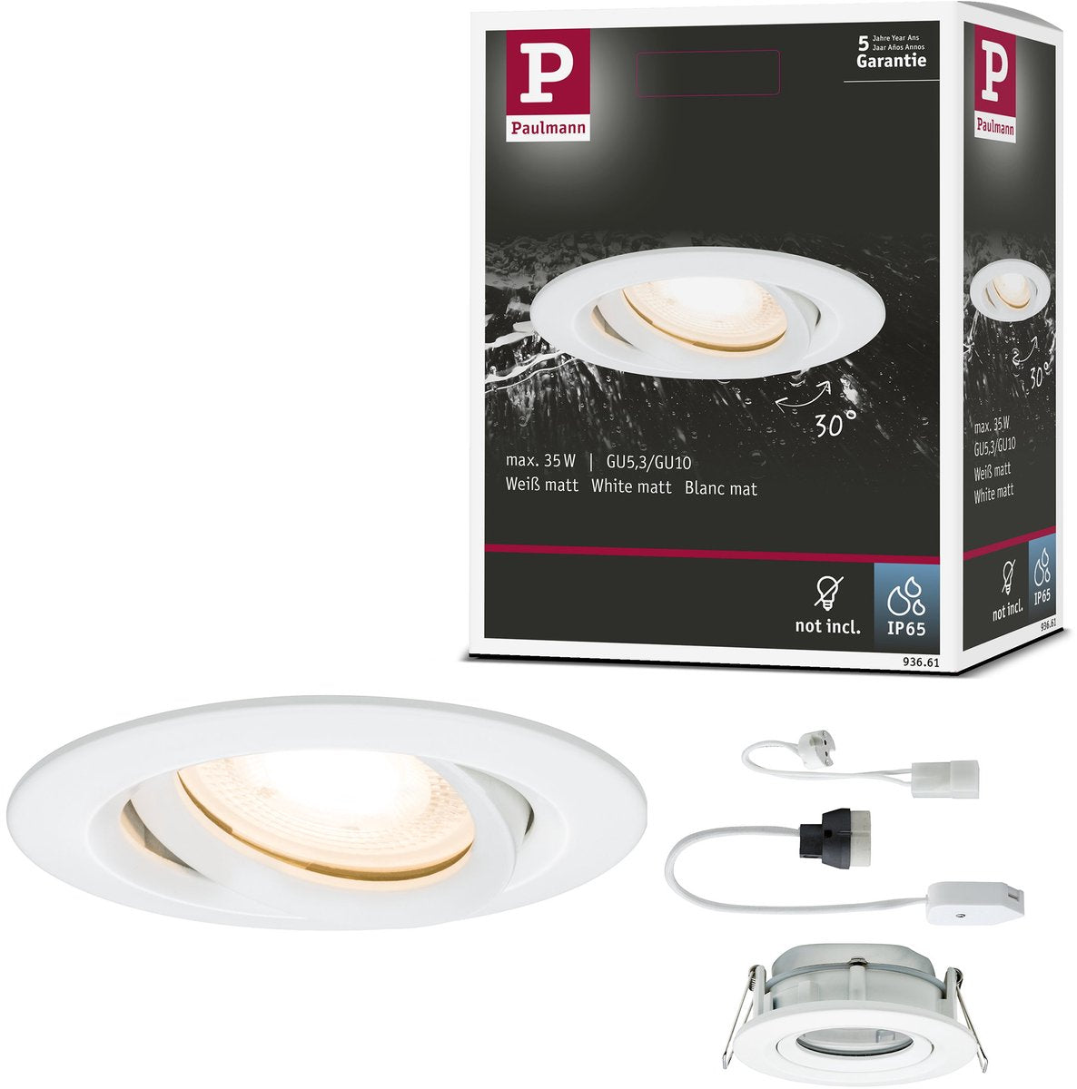 Paulmann inbouwlamp nova plus zwenkbaar ip65 rond 93 mm 30° gu5,3 gu10 max. 35w 230 12v dimbaar wit mat