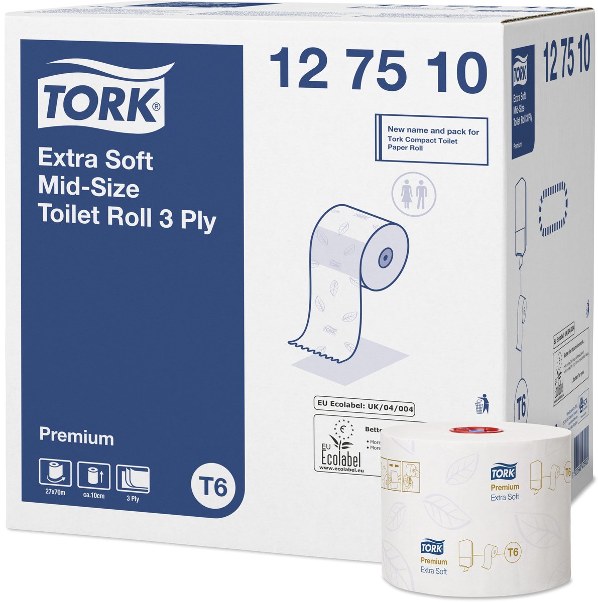 Tork 127510 toiletpapier t6 premium compact 3laags wit 70 mtr x 10 cm ds a 27 rollen (127510)