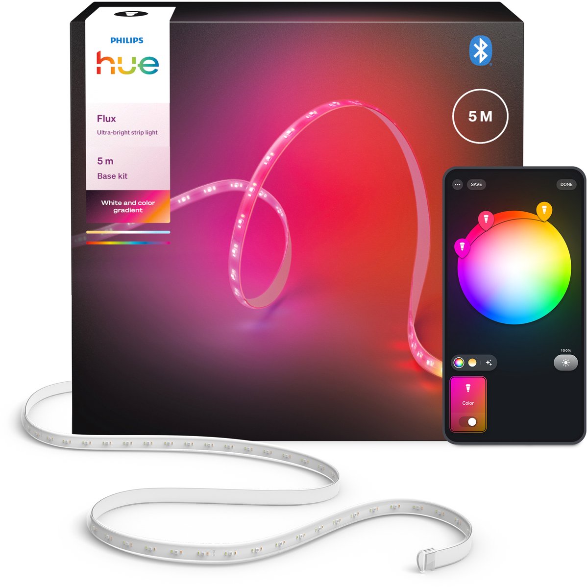 Philips hue flux ultraheldere led strip 5 m aan te passen scènes en effecten nauwkeurige kleurovergangen van chromasync™ ultrahelder, echt wit licht 4800 lumen