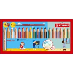 Stabilo woody 3 in 1 - multi talent kleurpotloden - etui met 18 kleuren, 6 pastel, puntenslijper penseel