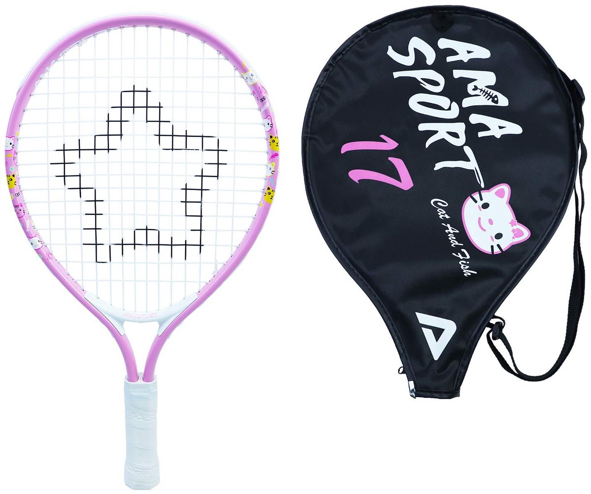 Ama sport kinder tennisracket kat roze 17 inch – lichtgewicht junior racket met tas – ideaal voor beginners –