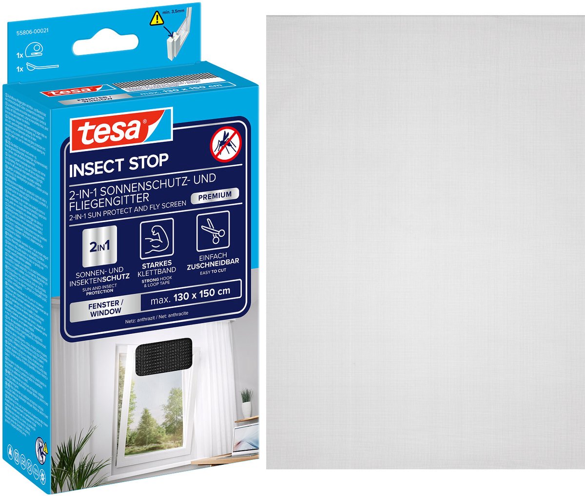 Tesa insect stop 2-in-1 sun protect and fly screen premium for windows - hor met zonbescherming, zonder boren, antraciet-metallic - 130 x 150 cm