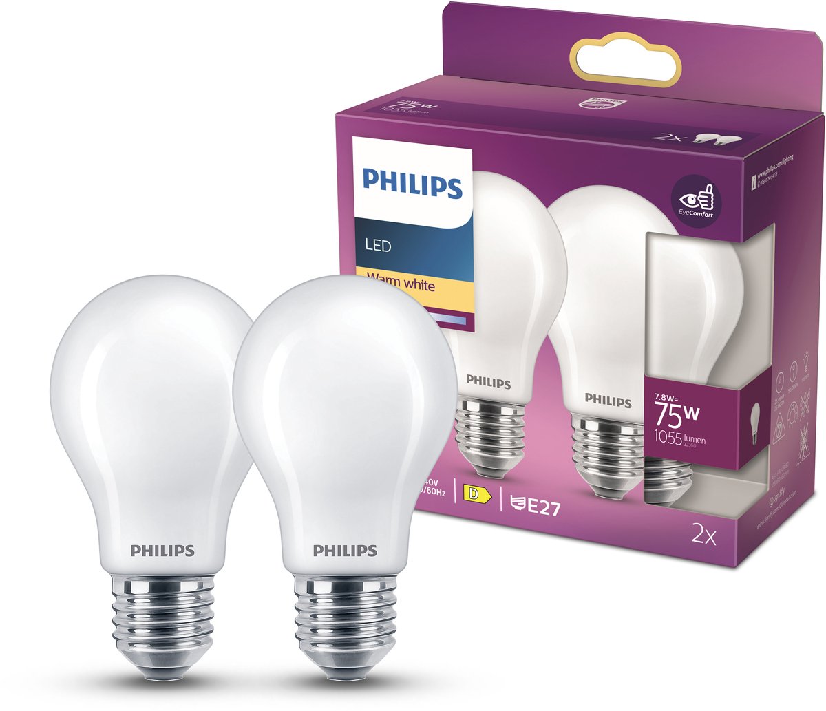 Philips led lamp - standaard lampvorm met e27 fitting - warmwit licht: 2700k - 75w - mat glas - 2-pack