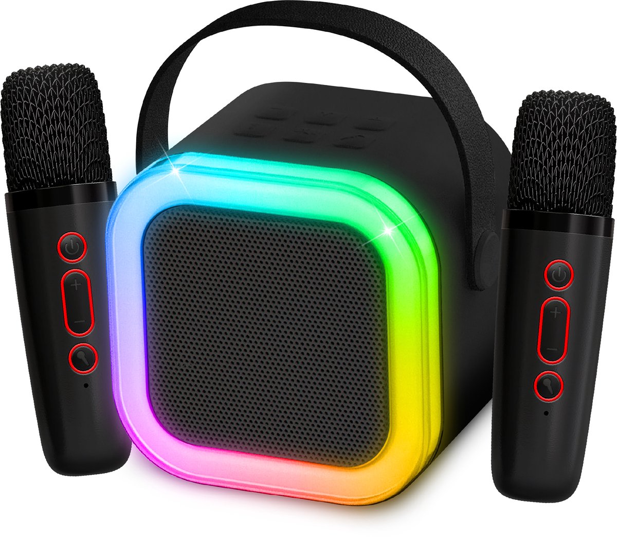 Partyfunlights mini duo karaoke set party speaker - met twee microfoons zwart - discoverlichting - draadloos - voor volwassenen en kinderen