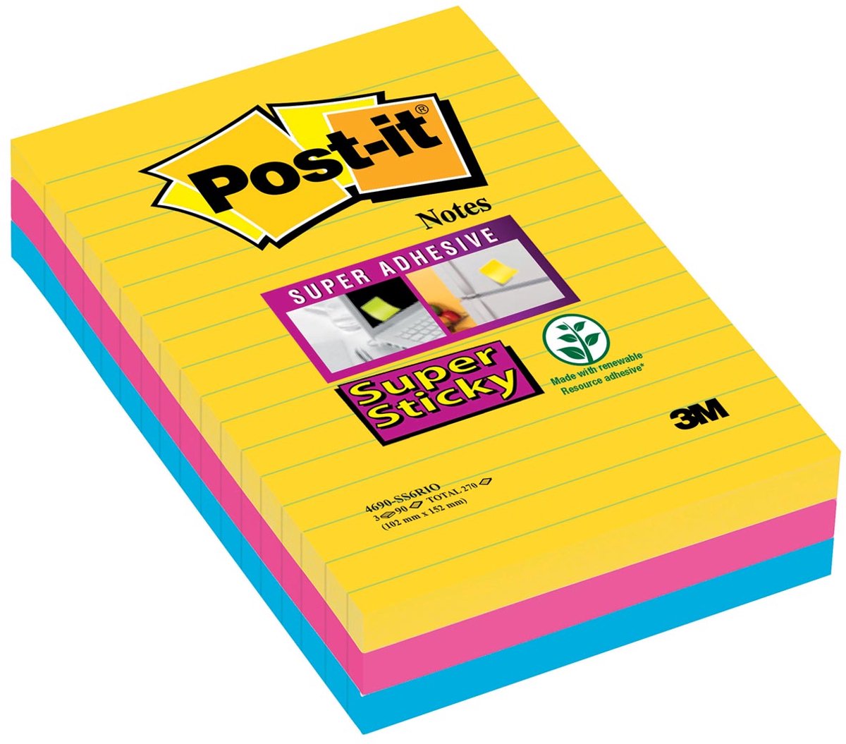 Post-it ® super sticky notes, kleurenset rio, canary yellow™, mediterraan blauw, fuchsia, gelijnd , 101mm x 152mm, 90 blaadjes, 3 blokken
