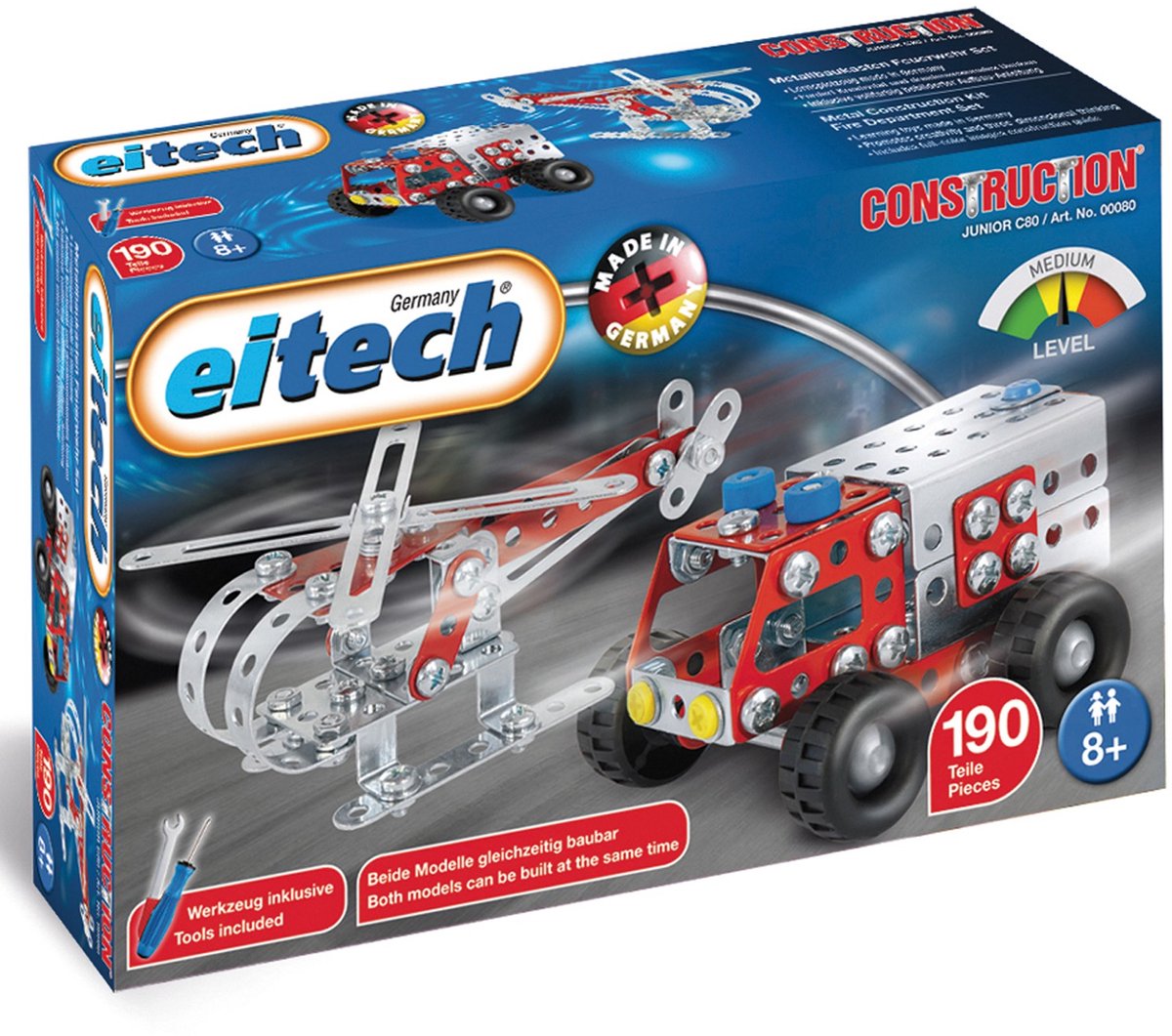 Eitech ® bouwdoos – brandweerauto en reddingshelikopter – 190-delig – metalen bouwpakket met gereedschap – constructiespeelgoed – vanaf 8 jaar