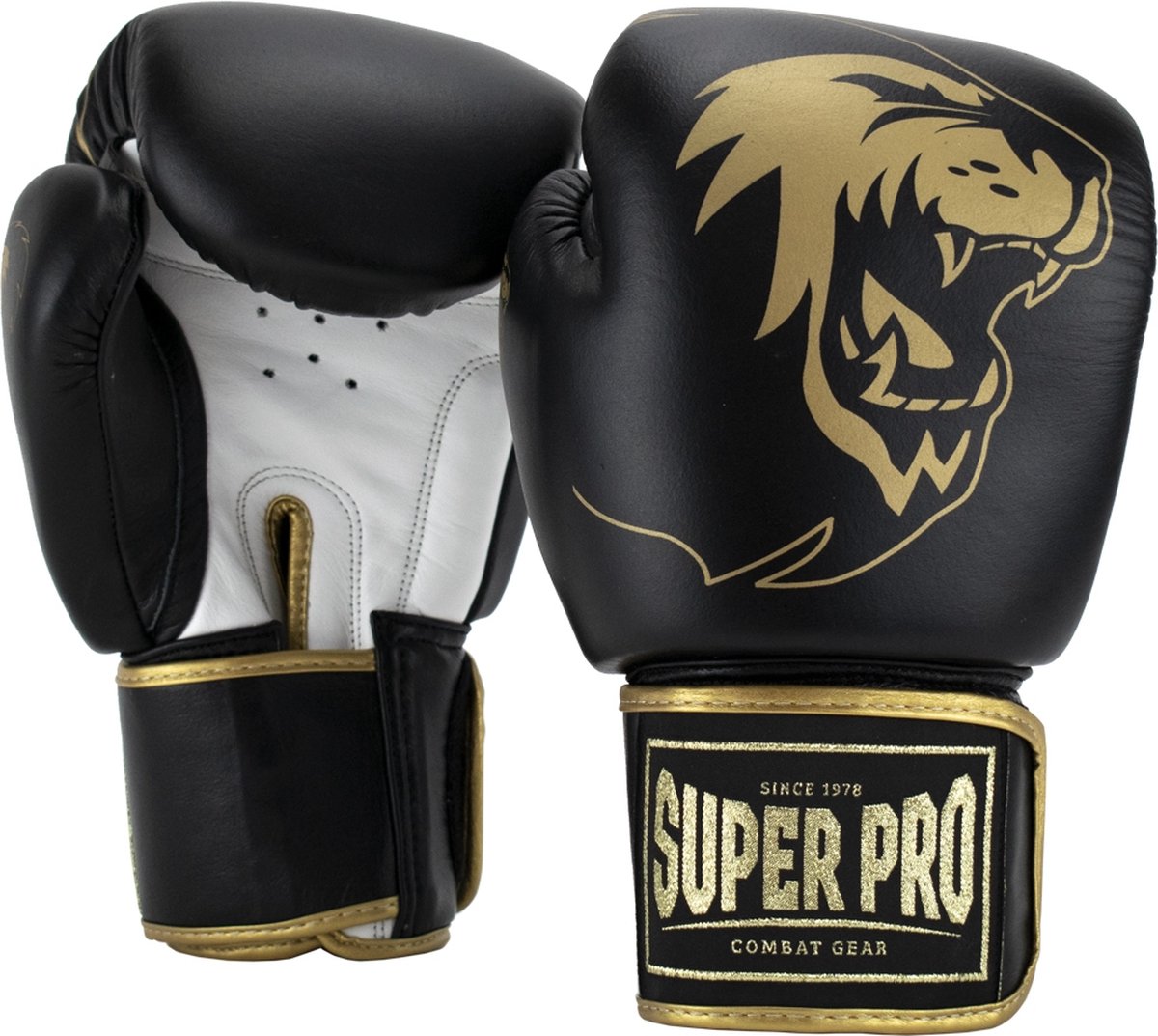 Super pro combat gear warrior se lederen (kick)bokshandschoenen zwart goud wit 10oz