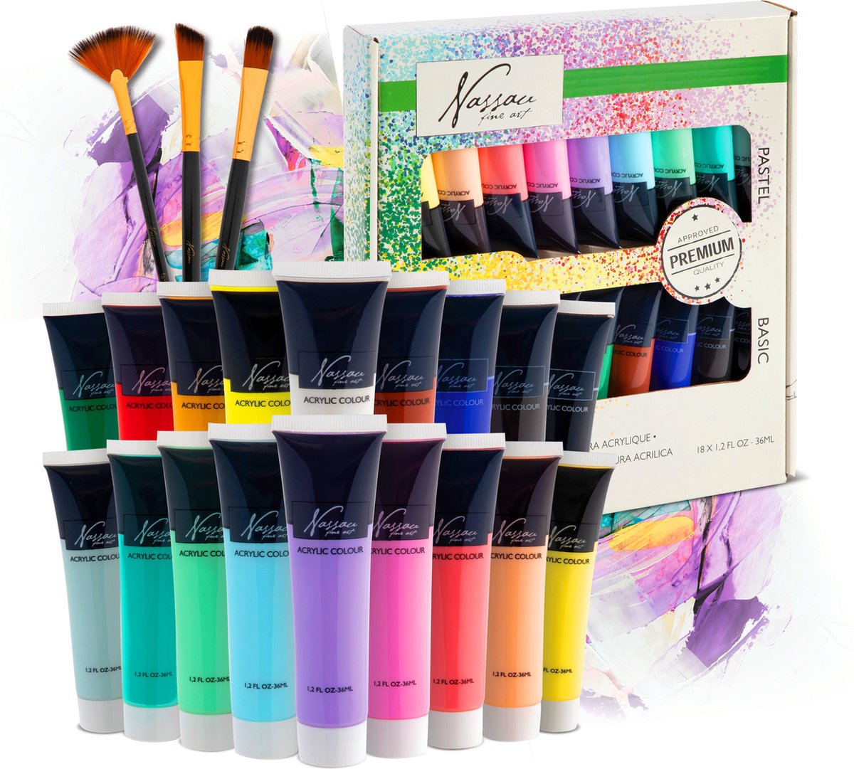Nassau fine art hobbyverf acrylverf set 18pcs - 36ml verf tubes - acrylverf kinderen en volwassenen - 9 pastel 9 basis kleuren - verf kinderen knutselen - kinder verf set