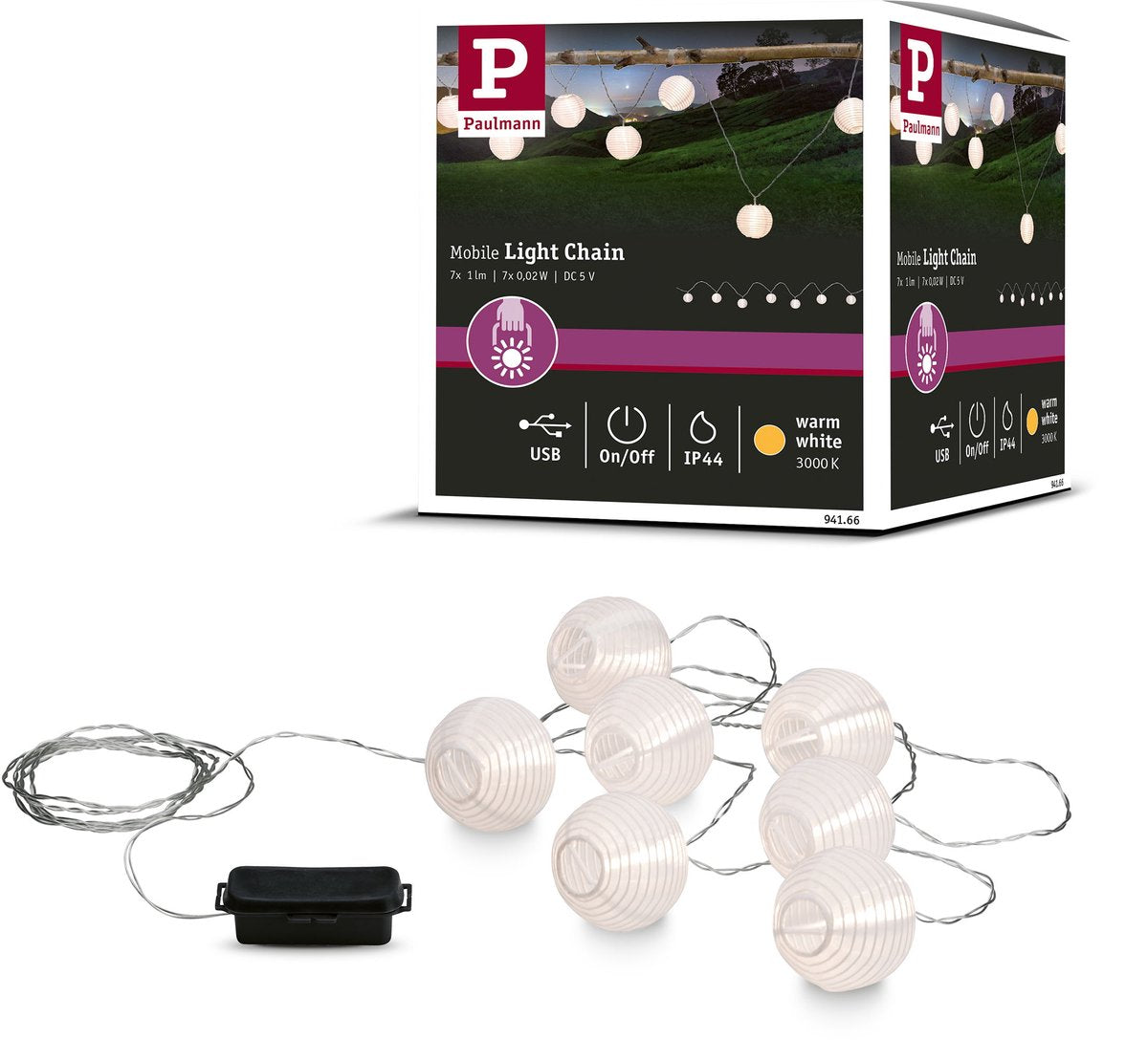 Paulmann lichtketting accu lampion ip44 3,6m 3000k wit
