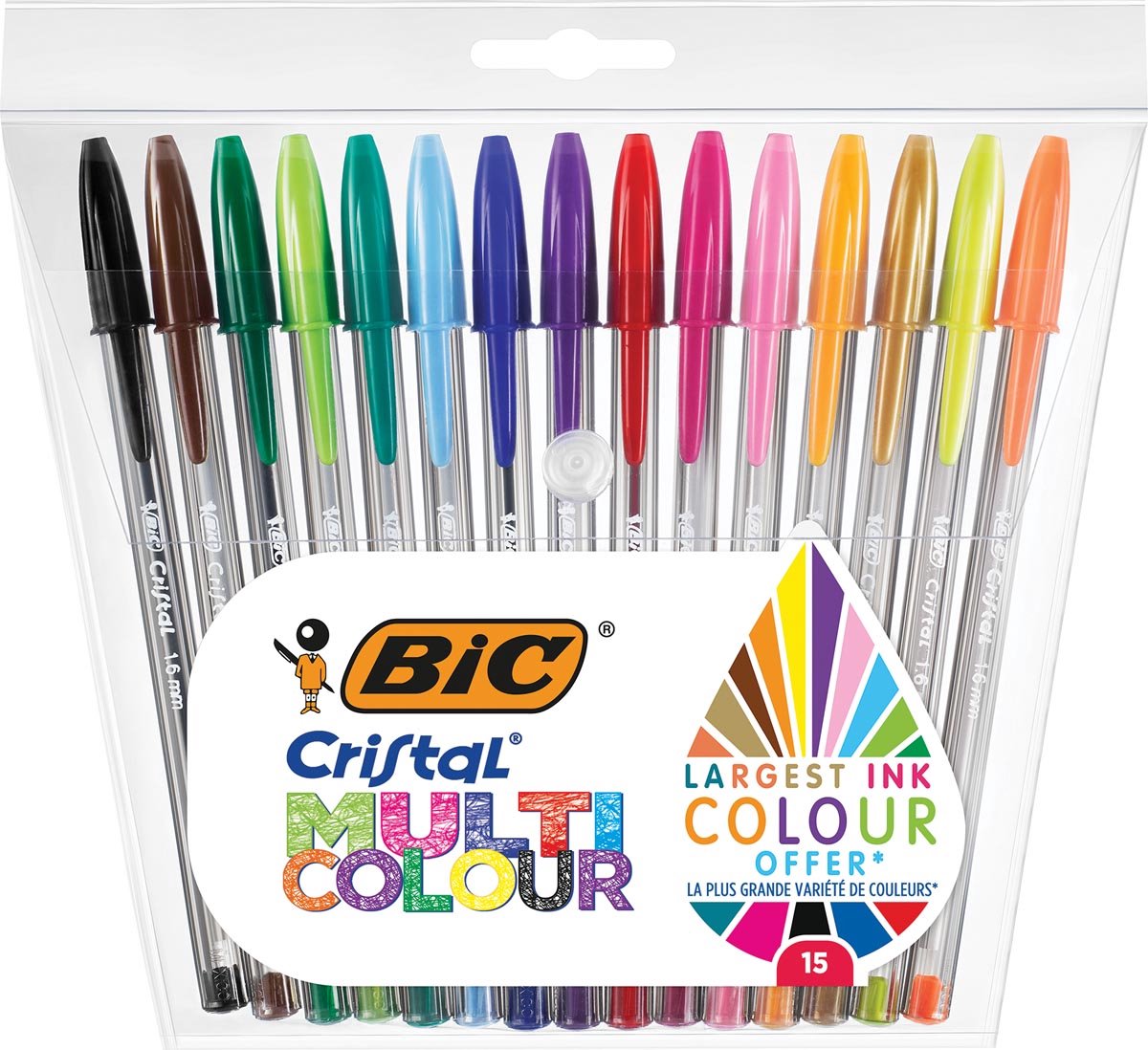Bic cristal multicolour balpennen brede punt (1.6 mm) - verschillende kleuren - pak van 15 stuks