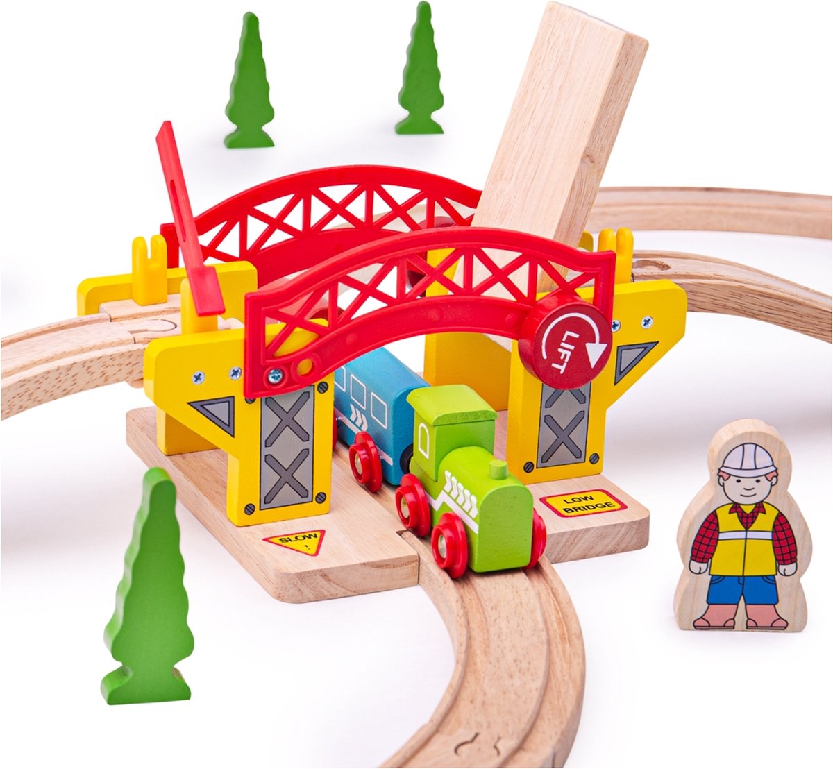 Bigjigs treinset treinbaan hefbrug met rails - hout