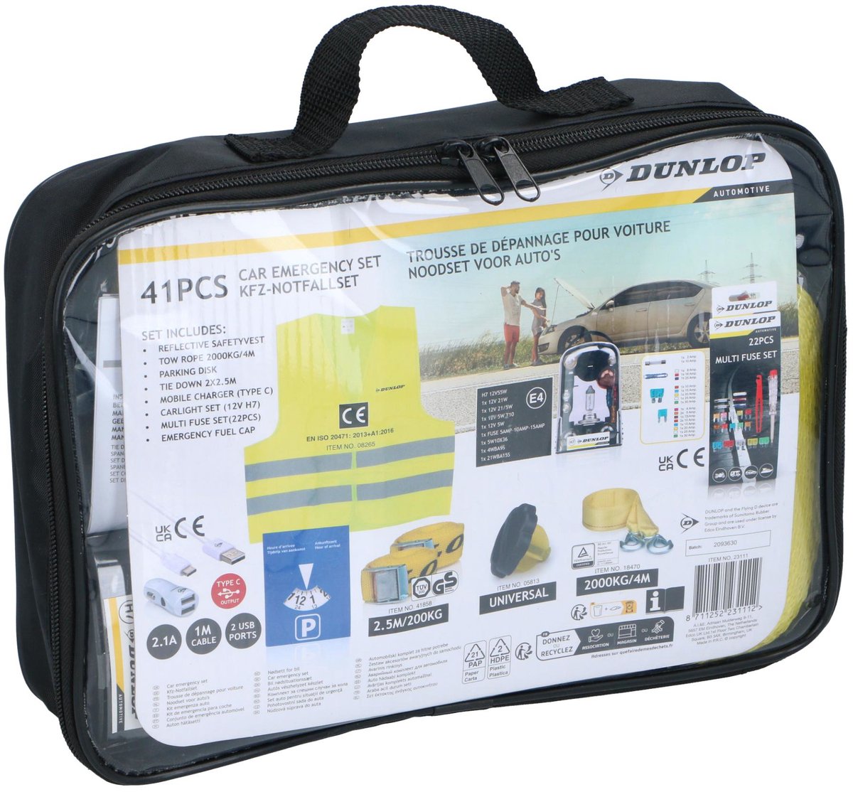 Dunlop auto veiligheidsset - incl. veiligheidsvest, sleepkabel, sjorband en parkeerschijf en auto zekeringen set - sigarettenaansteker splitter met oplaadkabel usb c