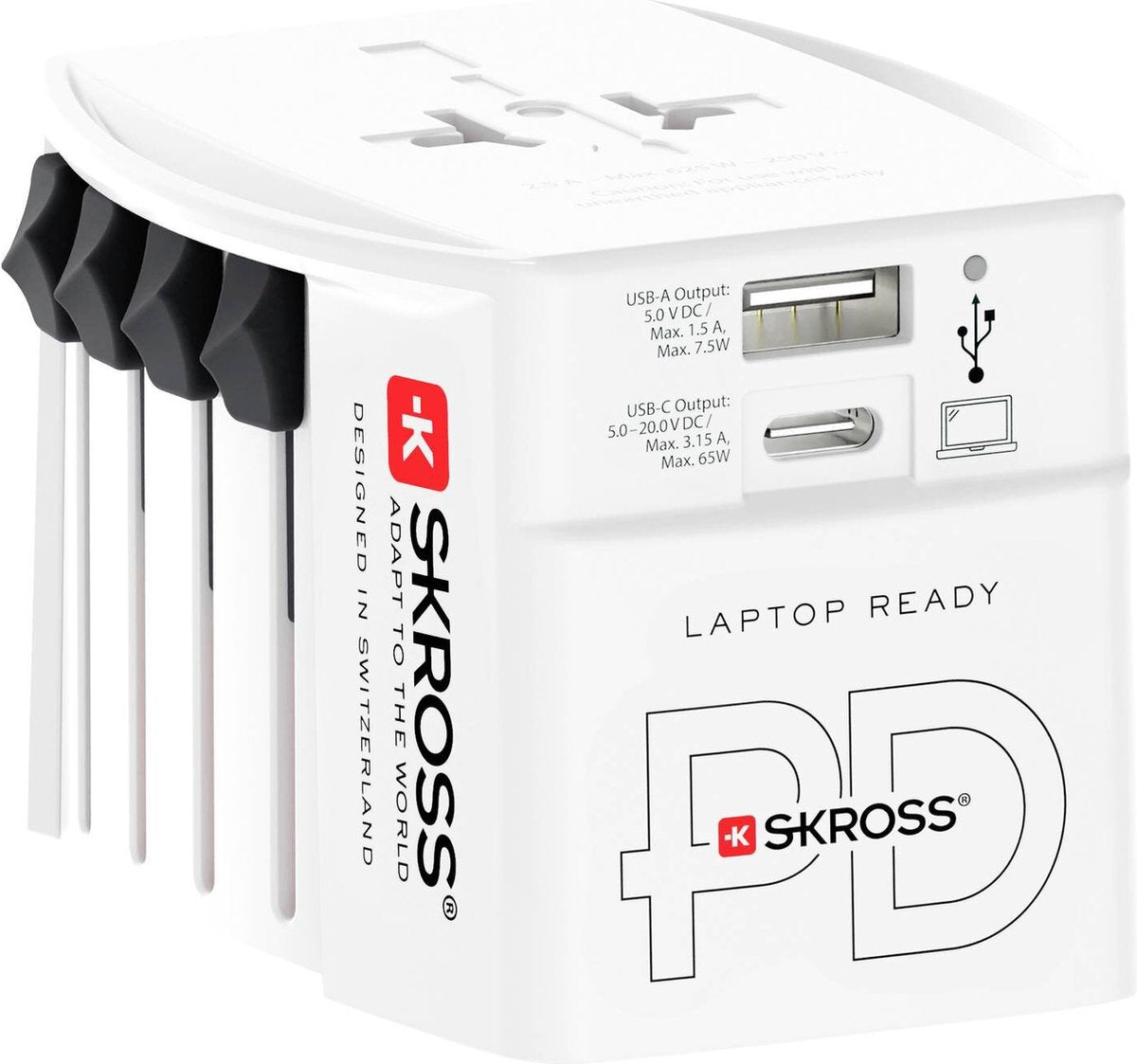 Skross - wereldreisadapter muv pro 2-polig + 1 usb snellader + 1 type c 3250 ma wit