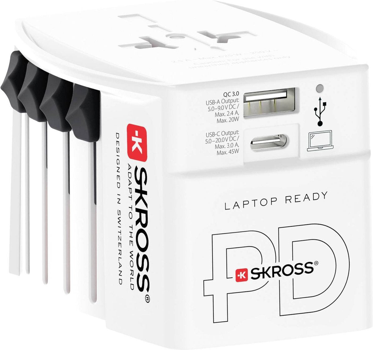 Skross - wereldreisadapter muv pro 2-polig + 1 usb snellader + 1 type c 2500 ma wit