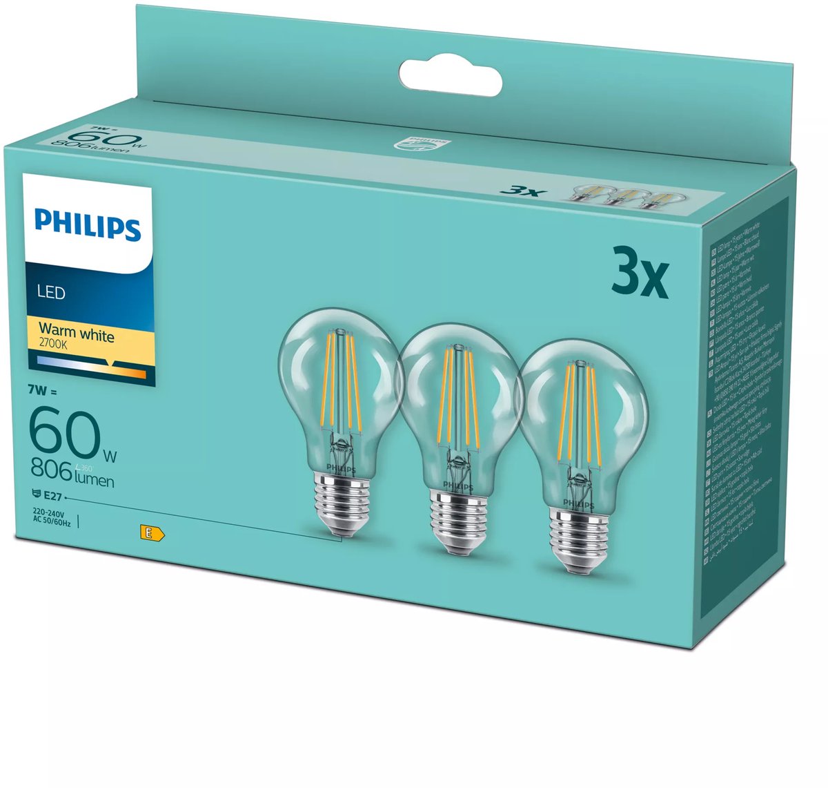 Philips led lamp transparant - 60 w - e27 - warmwit licht - actieverpakking
