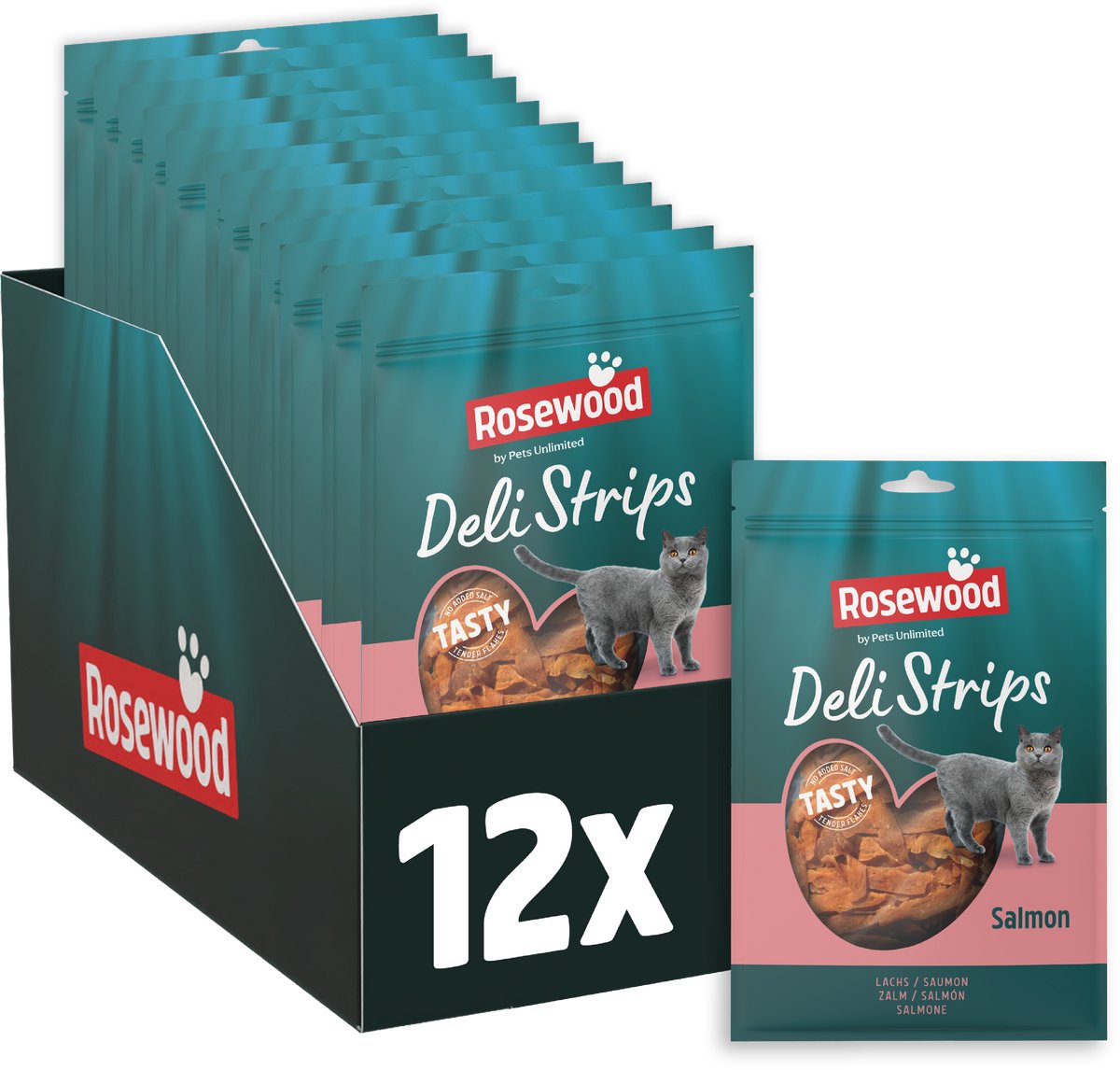 Rosewood deli strips zalm - kattensnack met zalm - zacht vetarm - zonder toegevoegd zout of suiker - 12 zakjes à 40g