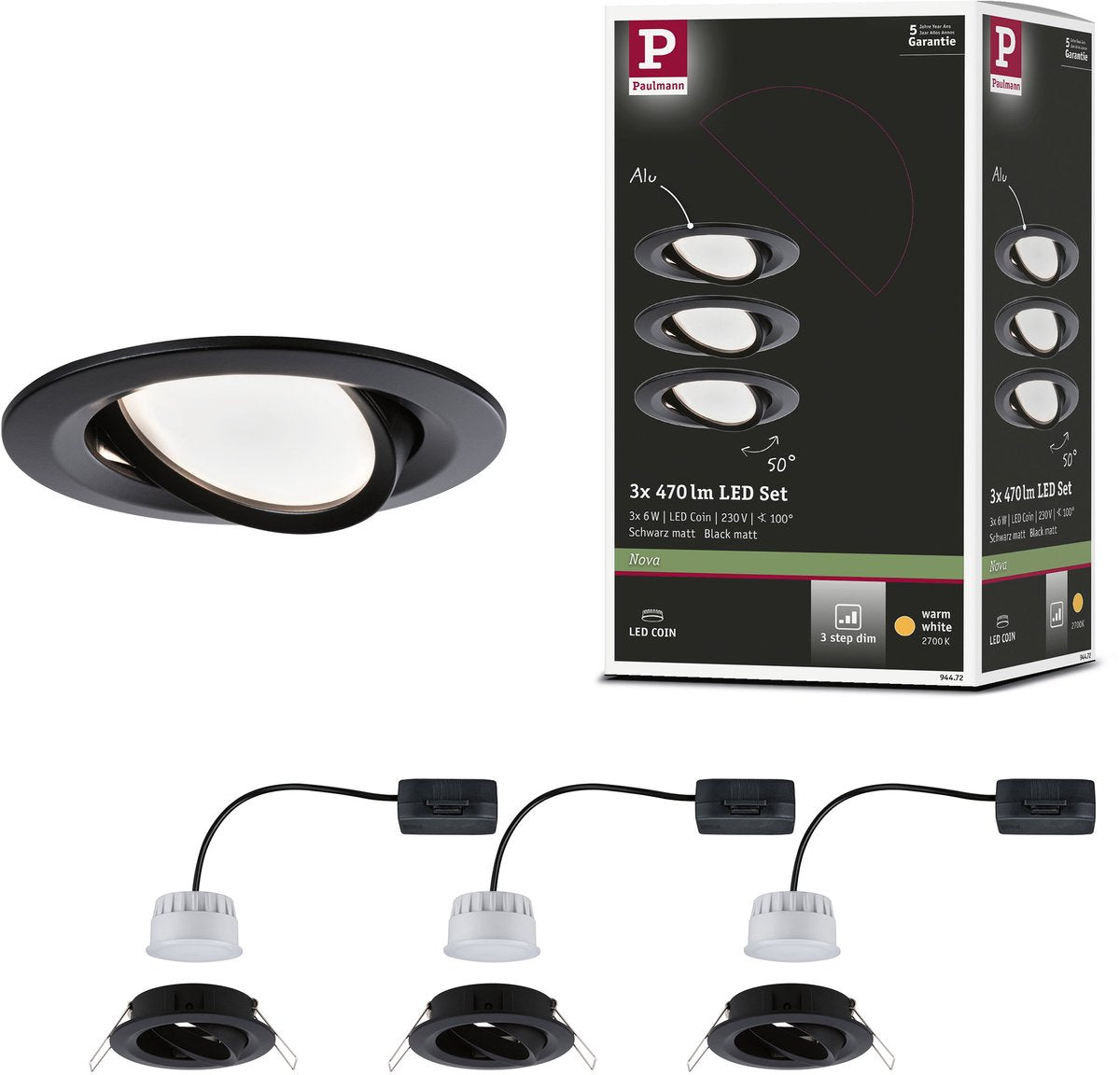 Paulmann led-inbouwlamp nova coin zwenkbaar rond 84 mm 50° coin 3x6w 3x470lm 230v dimbaar 2700k zwart mat