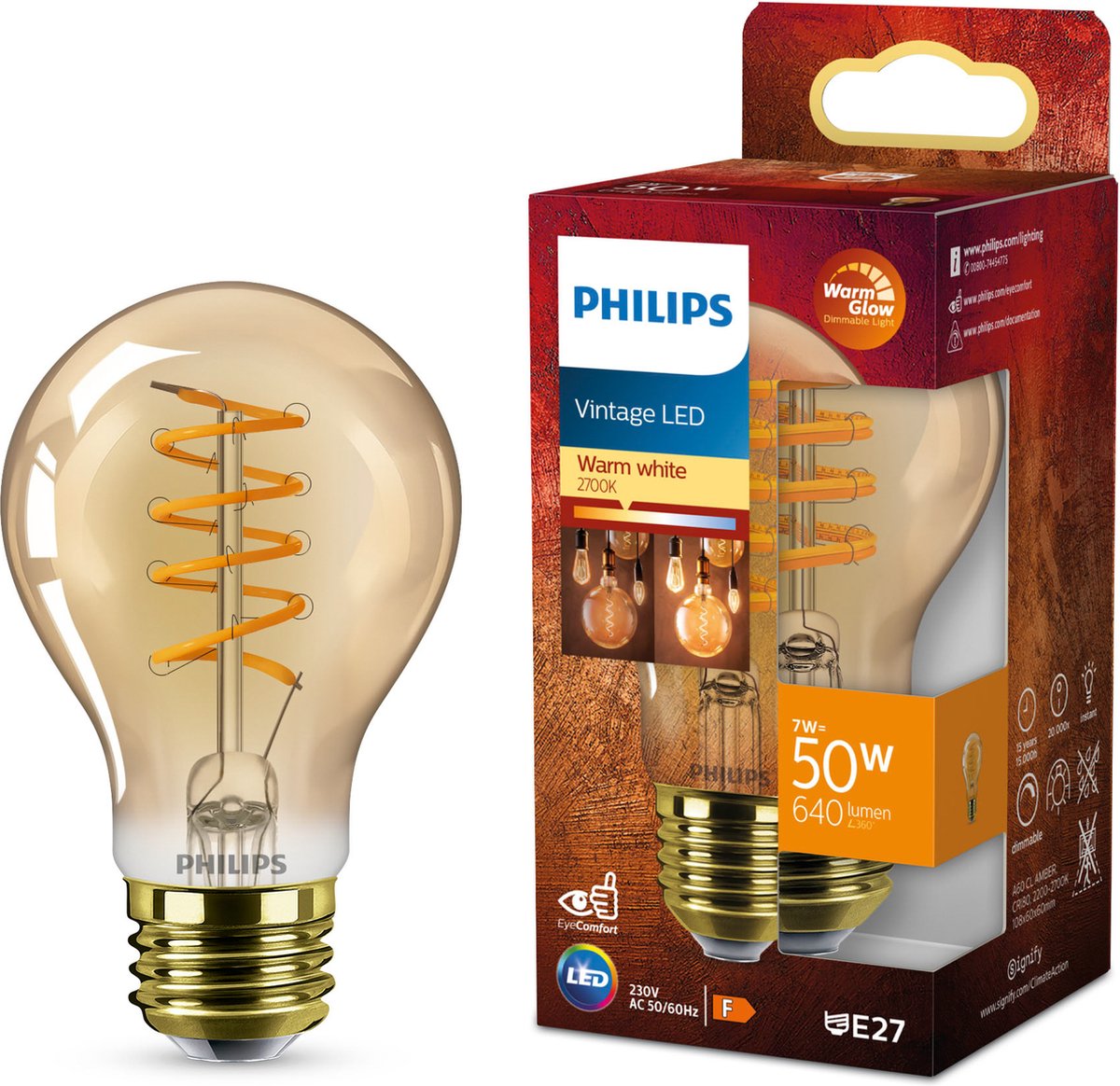 Philips led philips deco led - warmglow - 50w - e27 fitting - a60 standaard lampvorm - amberkleurige lamp