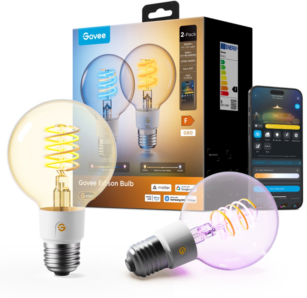 Govee g80 smart edison led lamp e27 rgbww matter 500 lm 2 stuks