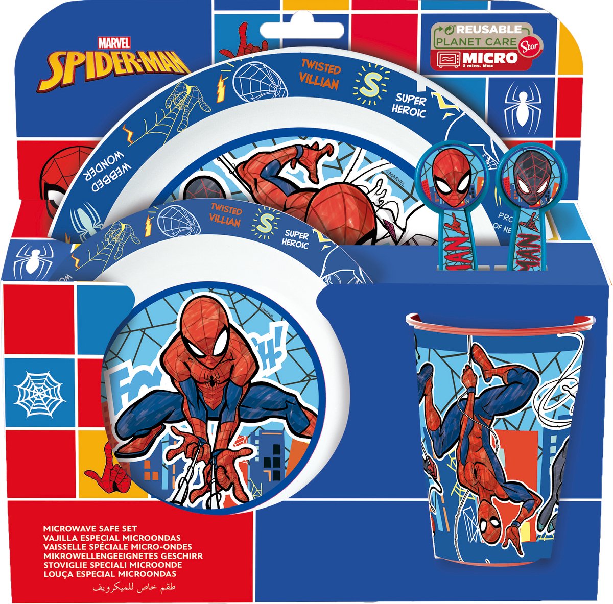 Stor marvel's spider-man kinderservies - 5-delig - herbruikbaar - inclusief bord, kom, bestek en beker - vaatwasser- en microgolfbestendig bpa-vrij - wit blauw rood