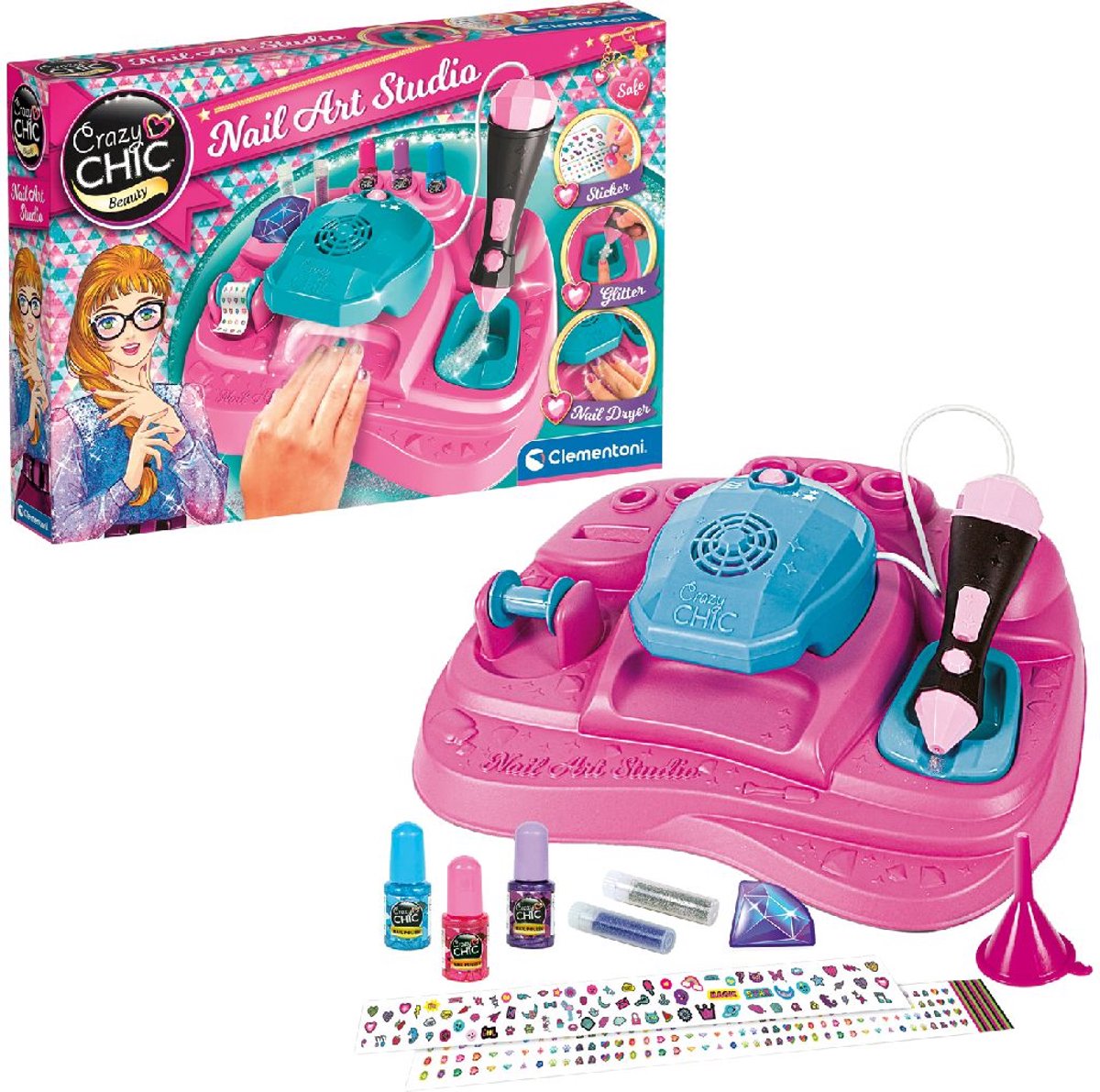 Clementoni crazy chic - nagelstudio voor kinderen - kinder nagellak met stickers, glitters en nageldroger - vanaf 6 jaar