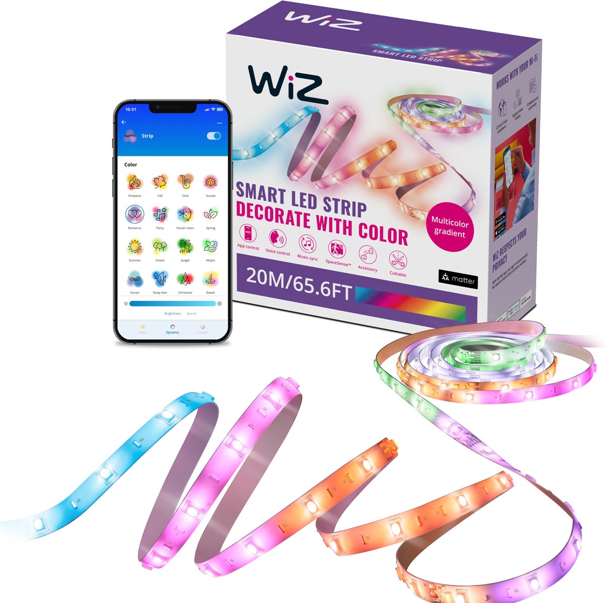 Wiz led strip - 20 meter - rgbic - makkelijke installatie - gekleurd en wit licht - muzieksynchronisatie - rgbic; meerdere kleuren tegelijk