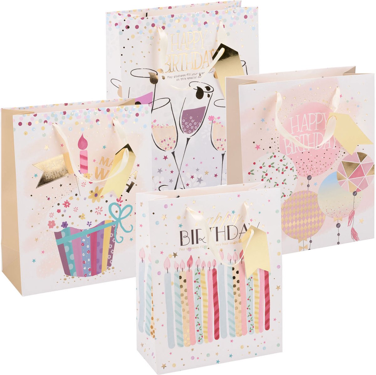 Edco verjaardag cadeautas - ca. 32x26x12 cm - cadeautas happy birthday - geschenk tas verjaardag met handvatten - cadeauverpakking voor verjaardag cadeaus - assorti design - 1 willekeurige tas